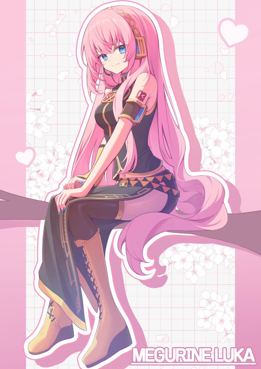 1girl absurdres black_shirt black_skirt blue_eyes boots character_name closed_mouth commentary headset highres long_hair looking_at_viewer megurine_luka midriff navel pink_hair shirt sitting skirt sleeveless sleeveless_shirt smile solo sora_(men0105) very_long_hair vocaloid yellow_boots
