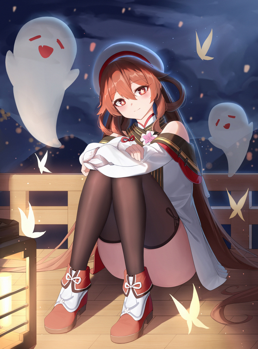 1girl absurdres beret boo_tao_(genshin_impact) brown_hair brown_scarf brown_thighhighs bug butterfly chinese_clothes chinese_commentary cloud commentary fang flower-shaped_pupils genshin_impact ghost gradient_hair hair_between_eyes hair_rings hat highres hill hu_tao_(cherries_snow-laden)_(genshin_impact) hu_tao_(genshin_impact) insect jacket kafeifeifeifeifeifei_jiemo_jun lantern light_particles long_hair long_sleeves looking_at_viewer multicolored_hair night night_sky official_alternate_costume outdoors pleated_skirt puffy_long_sleeves puffy_sleeves railing red_eyes red_hair scarf shirt sitting skin_fang skirt sky smile symbol-shaped_pupils thighhighs very_long_hair white_hat white_jacket white_shirt