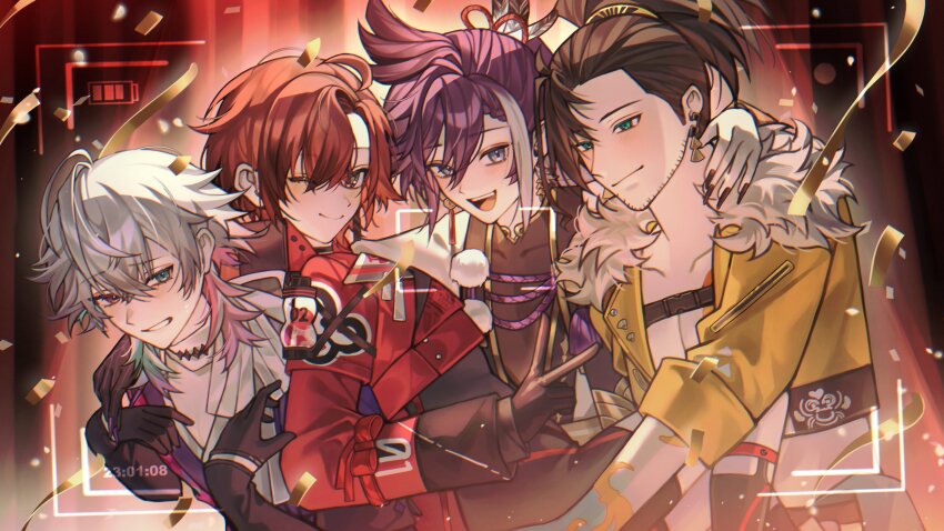 4boys :d ;) absurdres ahoge anniversary arm_around_shoulder banzoin_hakka banzoin_hakka_(1st_costume) battery_indicator beard_stubble black_bodysuit black_choker black_gloves black_hands black_nails black_socks blue_eyes blue_hair blush bodysuit braid braided_bangs brown_hair carrying carrying_person choker closed_mouth colored_extremities commentary confetti cropped_jacket curtains earrings english_commentary facial_hair feather_hair_ornament feathers fingernails fur-trimmed_jacket fur_trim gavis_bettel gavis_bettel_(1st_costume) gloves green_eyes grey_eyes grey_hair grin group_hug hair_between_eyes hair_ornament heterochromia high_ponytail highres holostars holostars_english holotempus hug jacket jewelry josuiji_shinri leaning_on_person legwear_garter long_fingernails long_sleeves looking_at_another machina_x_flayon machina_x_flayon_(1st_costume) male_focus medium_hair mismatched_earrings multicolored_hair multiple_boys one_eye_closed open_mouth pink_eyes pink_hair pom_pom_(clothes) ponytail princess_carry purple_hair purple_nails red_hair red_jacket sharp_fingernails short_hair smile socks streaked_hair stubble sweat tassel timestamp v viewfinder virtual_youtuber white_hair yellow_jacket yu_yu_(yuyuuuu99550771)