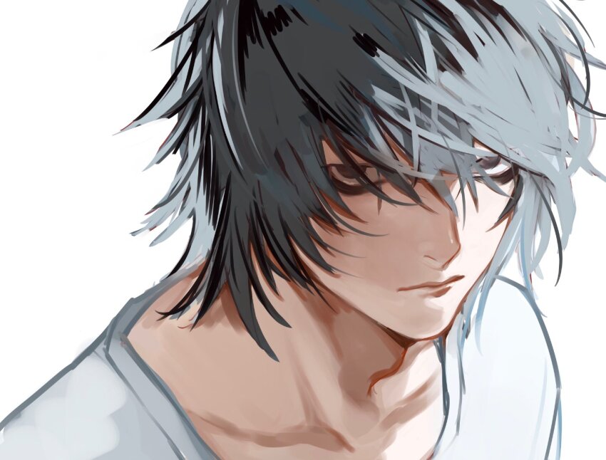 1boy bags_under_eyes black_eyes closed_mouth collarbone death_note glaring hair_between_eyes l_(death_note) looking_at_viewer male_focus medium_hair no_eyebrows pale_skin pan2ca shirt short_hair sketch solo upper_body white_background white_shirt