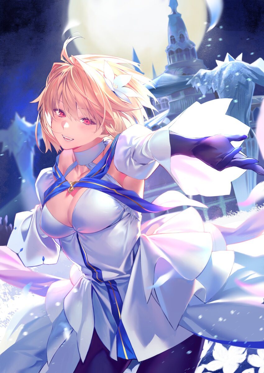 1girl absurdres archetype_earth arcueid_brunestud arcueid_brunestud_(mooncancer) bare_shoulders black_gloves blonde_hair blush breasts brown_pantyhose castle cleavage detached_sleeves dress fate/grand_order fate_(series) flower full_moon gloves hair_flower hair_ornament highres hiro_(hirohiro_gorira) large_breasts long_skirt looking_at_viewer moon open_mouth pantyhose red_eyes short_hair skirt smile solo thighs tsukihime white_dress white_skirt