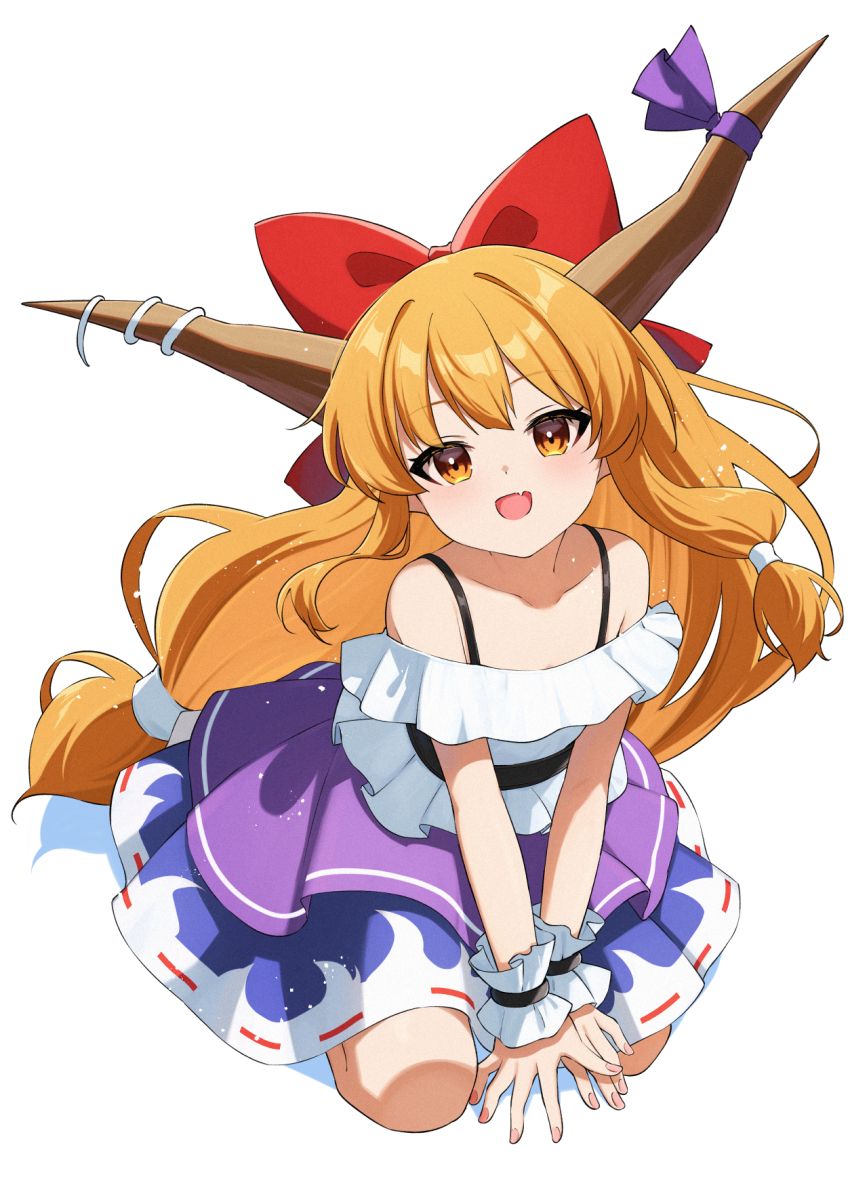 1girl blush bow brown_horns commentary_request full_body hair_bow highres horn_bow horn_ornament horns ibuki_suika long_hair looking_at_viewer low-tied_long_hair oeyama off-shoulder_shirt off_shoulder open_mouth orange_eyes orange_hair purple_bow purple_skirt red_bow ribbon-trimmed_skirt ribbon_trim shirt simple_background skirt smile solo touhou very_long_hair white_background white_shirt wrist_cuffs