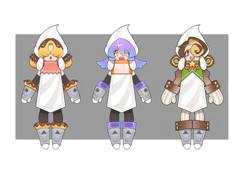 3girls armor army bushuel bushuel_(chocolate) doumaru goz-zz highres kamen_rider kamen_rider_gavv_(series) mittens multiple_girls popping_gummy rider-tan tabard tokusatsu whipped_soldier white_armor white_tabard yule_log_(cake)