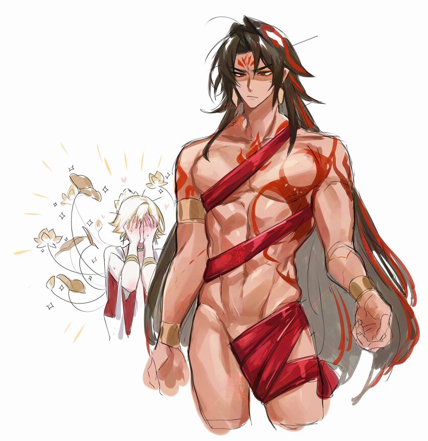 2boys abs absurdres asura_(onmyoji) black_hair blonde_hair blush bracelet chest_tattoo closed_mouth commentary commentary_request covered_penis covering_own_eyes cowboy_shot cropped_legs earrings eyeliner facial_mark highres jewelry konsai_2 long_hair looking_down makeup male_focus meme multicolored_hair multiple_boys muscular muscular_male naked_ribbon navel nude_guy_wrapped_in_ribbons_standing_(meme) onmyoji pectorals red_eyeliner red_hair red_tattoo ribbon short_hair simple_background sketch streaked_hair taishakuten_(onmyoji) tattoo two-tone_hair white_background yaoi