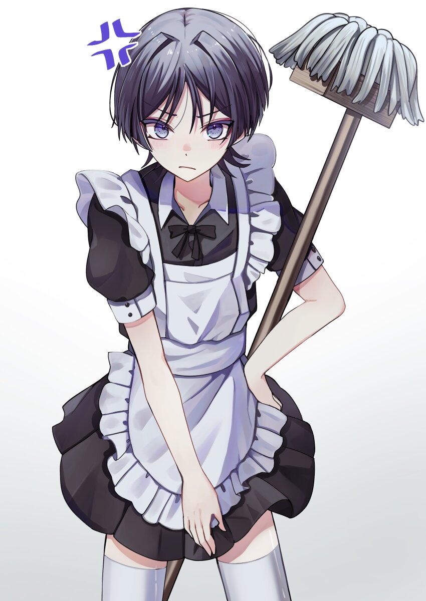 1boy absurdres alternate_costume anger_vein aomiya_souju apron black_hair black_skirt black_sleeves blunt_ends closed_mouth collarbone crossdressing enmaided eyeliner eyeshadow facing_viewer frilled_apron frills genshin_impact grey_eyes hair_between_eyes hair_intakes hand_on_own_hip highres holding holding_mop juliet_sleeves long_sleeves looking_at_viewer maid maid_apron makeup male_focus male_maid mop puffy_sleeves red_eyeliner red_eyeshadow scaramouche_(genshin_impact) skirt solo standing thighhighs trap white_apron white_background white_thighhighs
