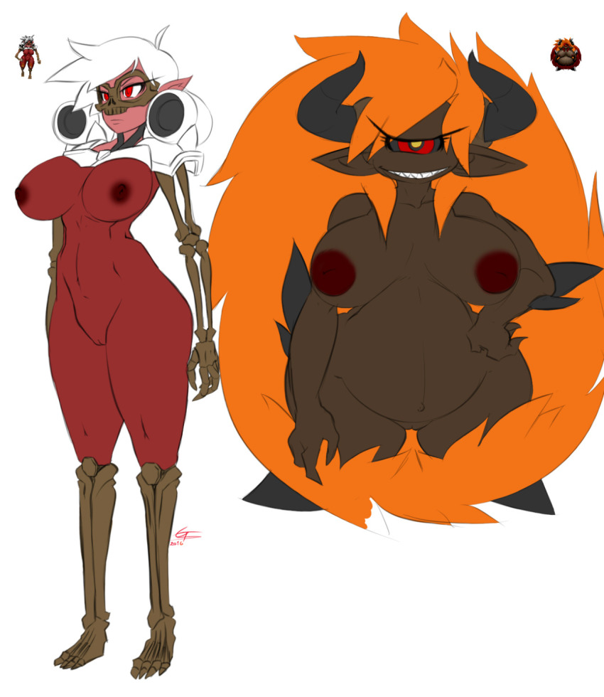2girls artist_request breasts completely_nude curvy doom_(series) doom_i female_focus fire hdoom highres id_software inverted_nipples large_areolae large_breasts monster_girl multiple_girls nipples nude pain_elemental pregnant pussy red_eyes revenant_(doom) simple_background