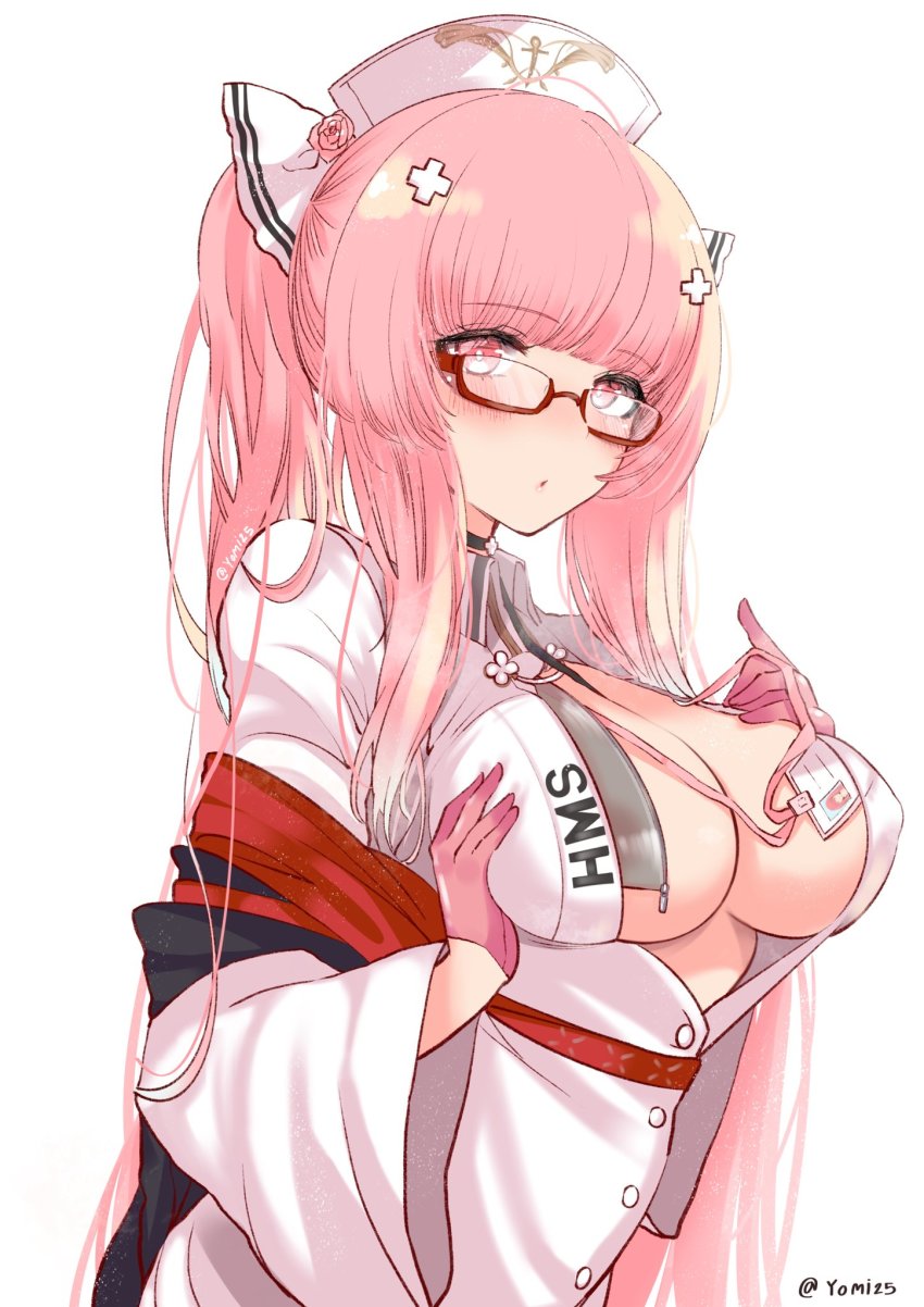 1girl azur_lane blush breasts center_opening glasses gloves hair_ornament hands_on_own_chest hat highres id_card large_breasts long_hair looking_at_viewer nurse nurse_cap open_mouth perseus_(azur_lane) perseus_(unfamiliar_duties)_(azur_lane) pink_eyes pink_gloves pink_hair solo twintails twitter_username white_hat yomi25