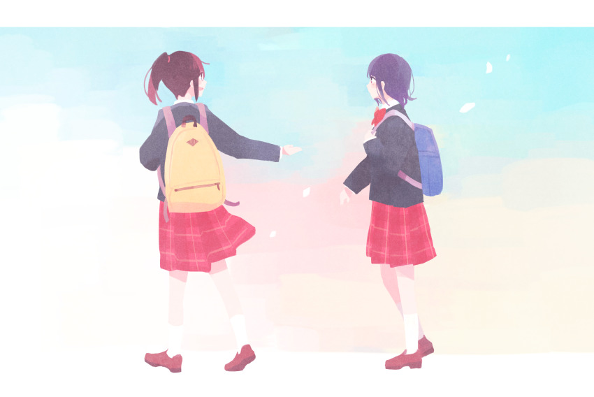 2girls backpack bag black_hair black_jacket blazer blue_eyes blue_hair blush bow bowtie brown_footwear cetacea_kw collared_shirt hibike!_euphonium highres jacket kasaki_nozomi liz_to_aoi_tori loafers long_hair long_sleeves looking_at_another looking_back multiple_girls open_mouth outstretched_arm parted_lips plaid_clothes plaid_skirt pleated_skirt ponytail red_bow red_eyes red_neckwear red_skirt school_uniform shirt shoes skirt smile socks standing white_legwear white_shirt yoroizuka_mizore