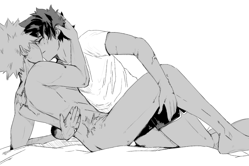 2boys arm_around_back ass bakugou_katsuki barefoot boku_no_hero_academia closed_mouth clothed_male_nude_male completely_nude couple fishseven freckles greyscale hand_on_another&#039;s_back hand_on_another&#039;s_leg imminent_kiss male_focus male_underwear midoriya_izuku monochrome multiple_boys nude scar scar_on_hip shirt short_hair short_sleeves simple_background spiked_hair t-shirt underwear white_background yaoi