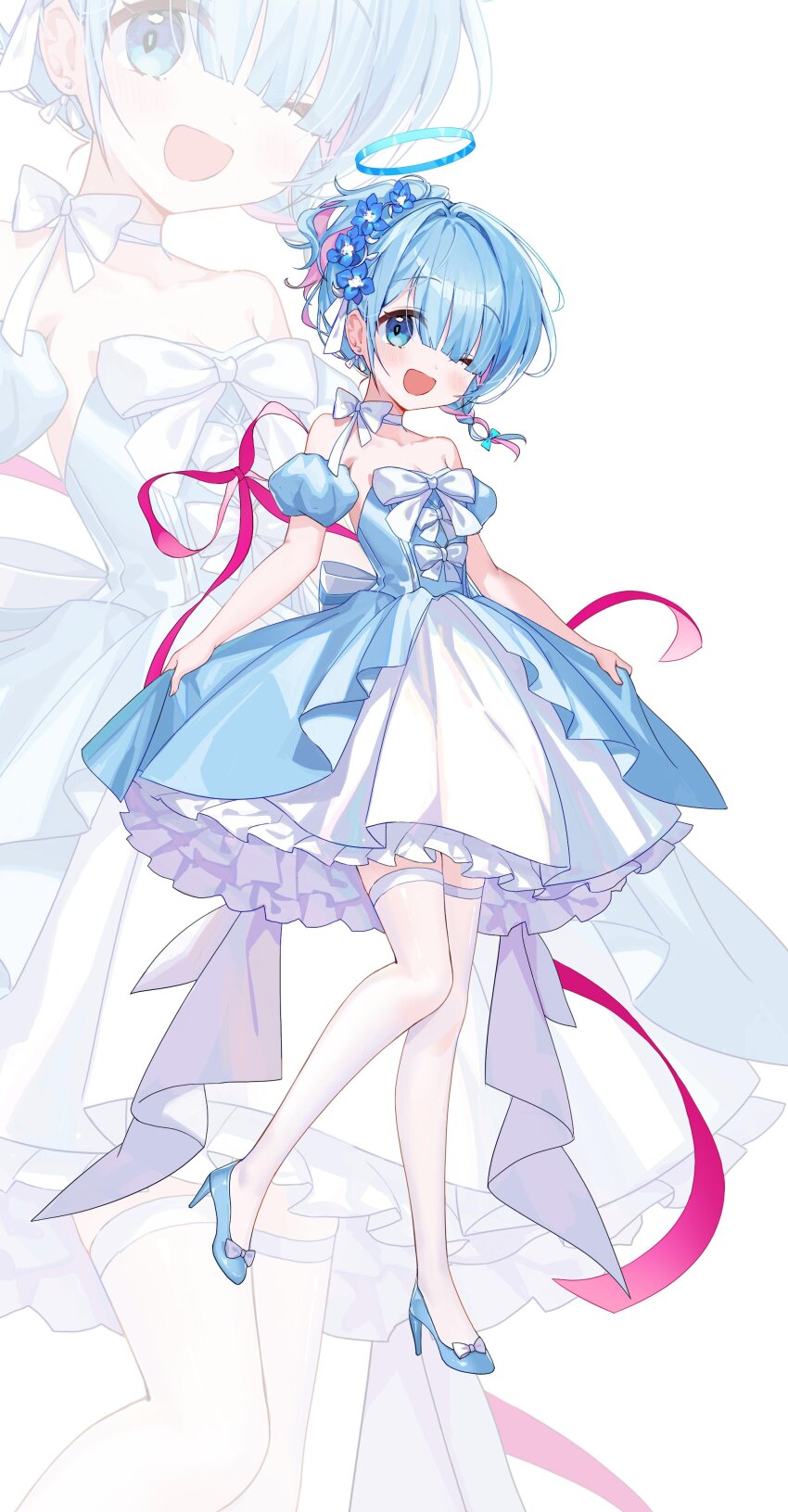 1girl ;d absurdres arona_(blue_archive) b_soyo1 bare_shoulders blue_archive blue_dress blue_eyes blue_hair blue_halo blue_shoes blue_sleeves blunt_bangs blush bow bow_choker braid choker commentary detached_sleeves dress flower frilled_dress frills full_body hair_flower hair_ornament halo high_heels highres looking_at_viewer multicolored_hair one_eye_closed open_mouth pink_hair shoes short_hair short_sleeves simple_background single_braid smile solo standing strapless strapless_dress thighhighs two-tone_hair white_background white_choker white_thighhighs