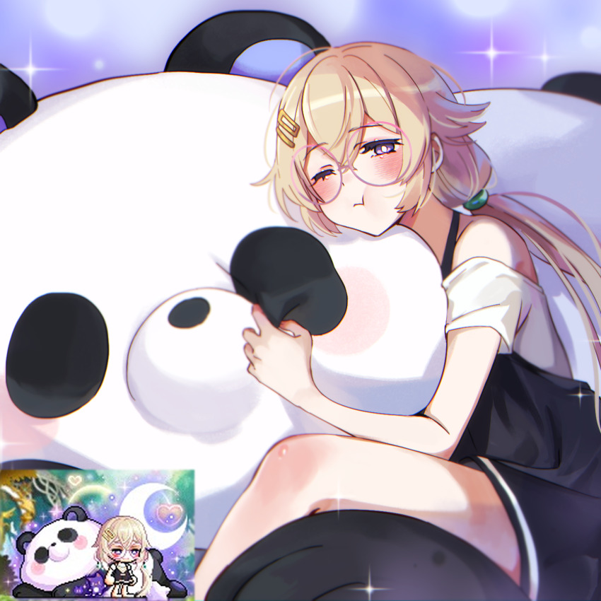 1girl ;t bare_shoulders black_dress blush brown_hair character_request closed_mouth crescent_moon dress glasses hair_ornament hairclip half-closed_eye heart highres leafwow long_hair looking_at_viewer low_twintails maplestory moon off_shoulder pink-framed_eyewear purple_eyes reference_inset round_eyewear shirt short_sleeves stuffed_animal stuffed_panda stuffed_toy twintails very_long_hair white_shirt