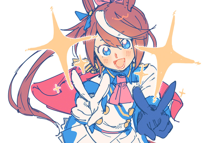 1girl animal_ears ascot asymmetrical_gloves bow double_v ear_bow ear_ornament ear_ribbon epaulettes gloves high_ponytail horse_ears horse_girl horse_tail looking_at_viewer malan mismatched_gloves multicolored_hair open_mouth pink_ascot ponytail single_epaulette solo sparkle streaked_hair tail tokai_teio_(umamusume) two-tone_hair umamusume v white_background