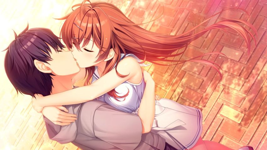 1boy 1girl alpha_(yukai_na_nakamatachi) arm_around_waist arms_around_neck ayase_aisa black_hair breast_press breasts brown_hair closed_eyes collared_shirt couple dusk dutch_angle floating_hair game_cg grey_jacket hair_between_eyes hair_ornament hairclip head_tilt hetero hood hood_down hooded_jacket hug jacket kagami_toshiki kiss long_hair medium_breasts miniskirt open_mouth outdoors sailor_collar sailor_shirt shirt short_hair short_sleeves skirt sleeveless sleeveless_shirt sousaku_kanojo_no_renai_koushiki very_long_hair white_sailor_collar white_shirt white_skirt