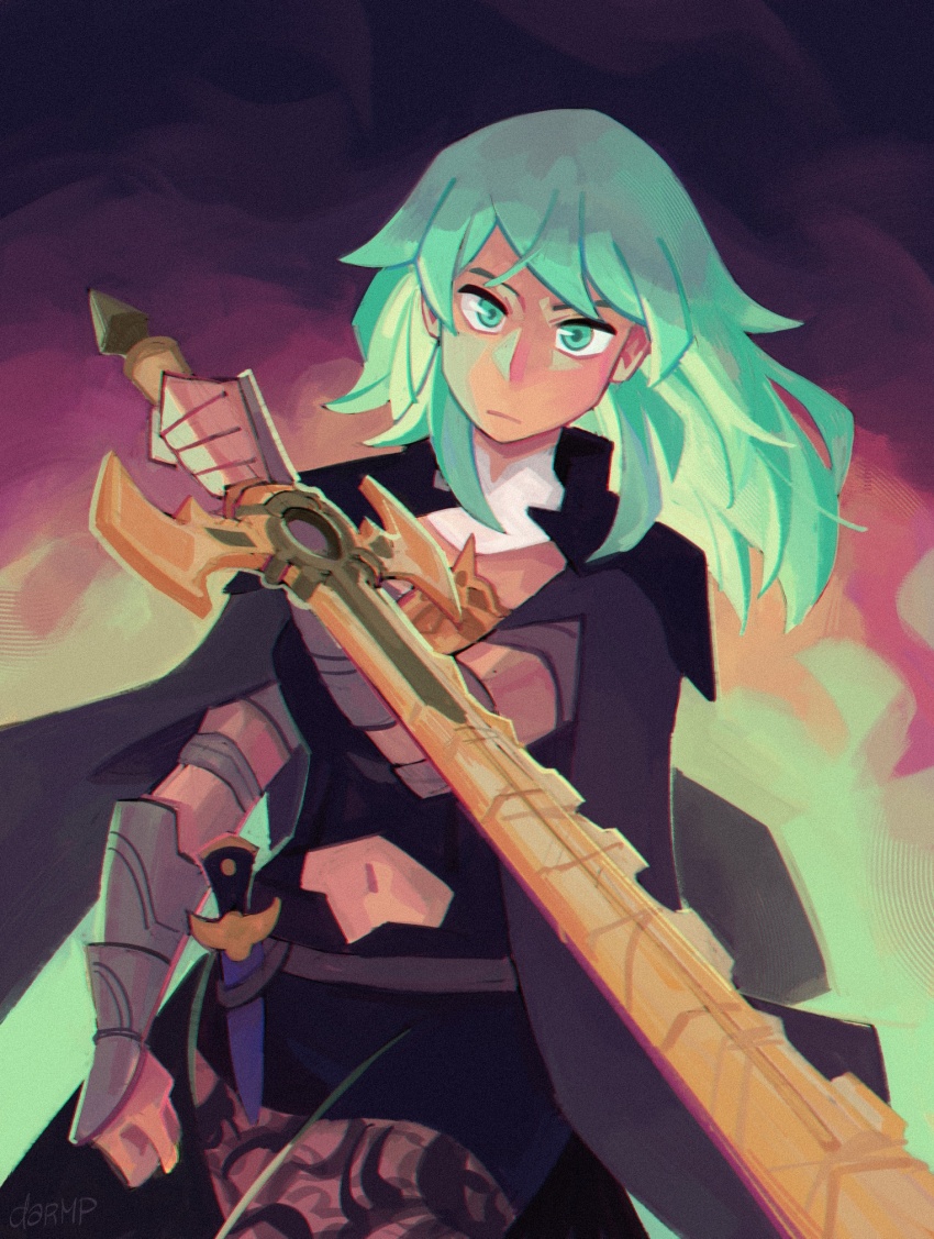 1girl :| arm_guards armor aura belt black_background black_coat black_shorts brown_background female_byleth_(enlightened)_(fire_emblem) female_byleth_(fire_emblem) clenched_hand closed_mouth coat collar commentary cowboy_shot dagger dar-draws english_commentary fire_emblem floating_hair golden_sword gradient_background green_background green_eyes green_hair highres holding holding_sword holding_weapon jacket jacket_on_shoulders knee_pads knife long_hair looking_at_viewer loose_hair_strand midriff_peek navel nintendo pantyhose pointing pointing_at_viewer pointing_melee_weapon pointing_sword purple_belt red_background shorts shoulder_pads solo standing swept_bangs sword sword_of_the_creator v-shaped_eyebrows weapon white_collar