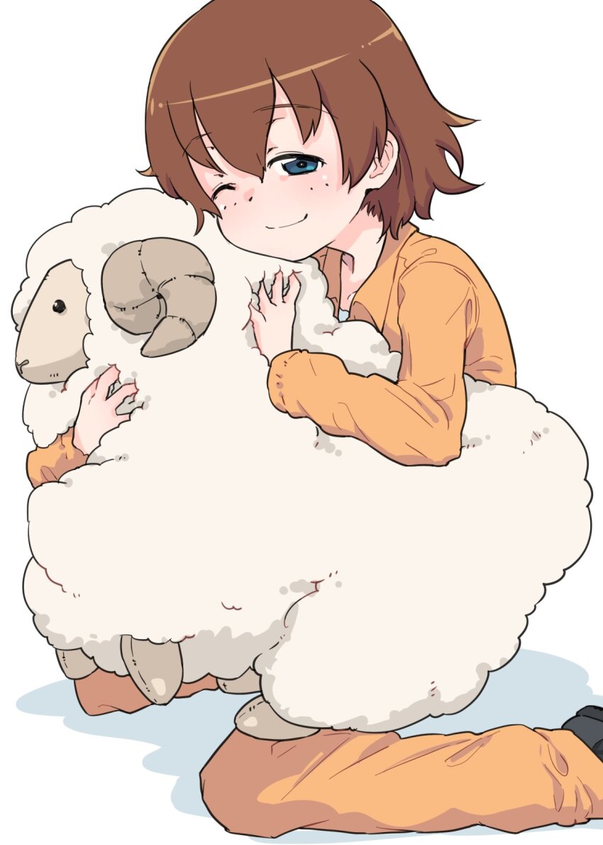 1girl blue_eyes blush brown_hair closed_mouth freckles girls_und_panzer highres jumpsuit monolith_(suibou_souko) orange_jumpsuit sheep short_hair simple_background smile solo stuffed_toy tsuchiya_(girls_und_panzer) white_background