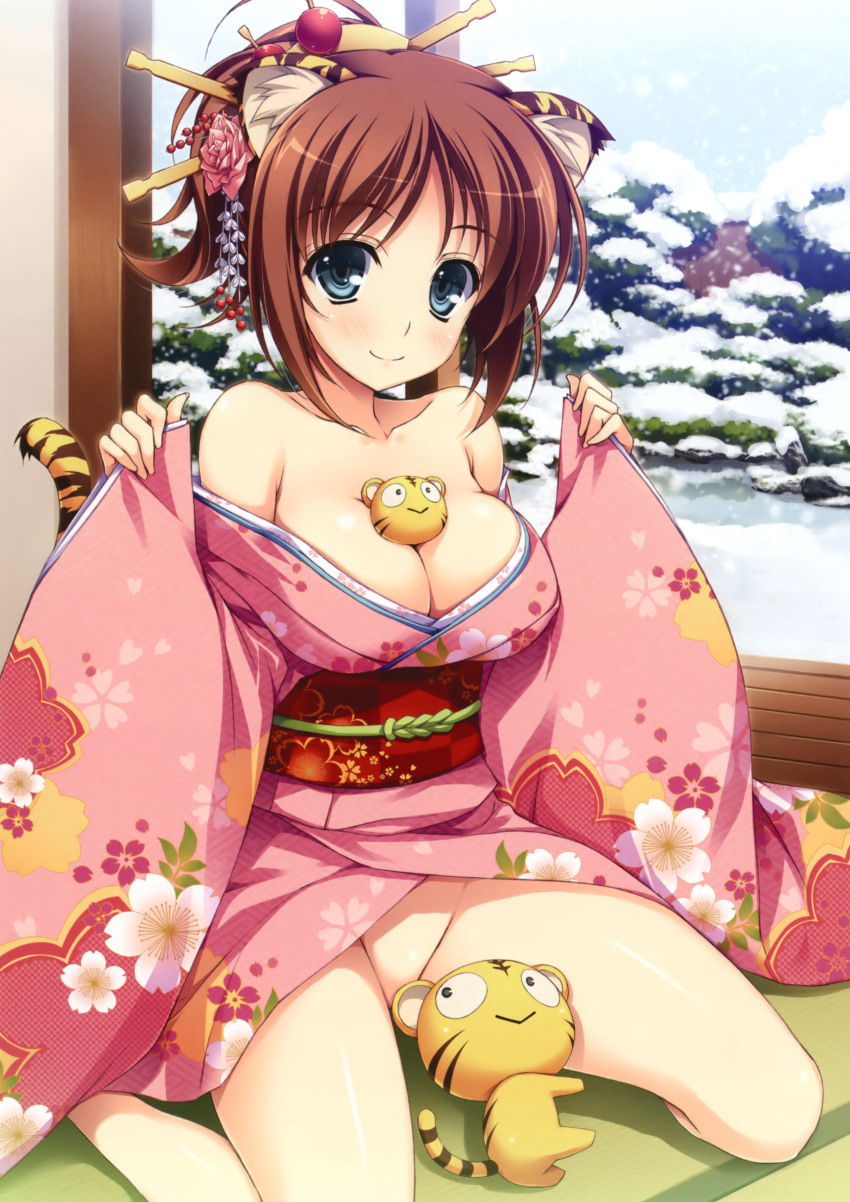 1girl absurdres animal_ears bare_shoulders between_breasts blue_eyes breasts brown_hair cat_ears cat_tail censored cleavage collarbone comic_toranoana convenient_censoring female_focus floral_print flower hair_flower hair_ornament hair_stick hair_up highres japanese_clothes kanzashi kimono kotora_(toranoana) large_breasts looking_at_viewer no_panties obi off_shoulder original sash sayagata sitting smile snow solo tail tatami tiger tiger_ears tiger_tail toranoana wariza yuujo yuuki_hagure