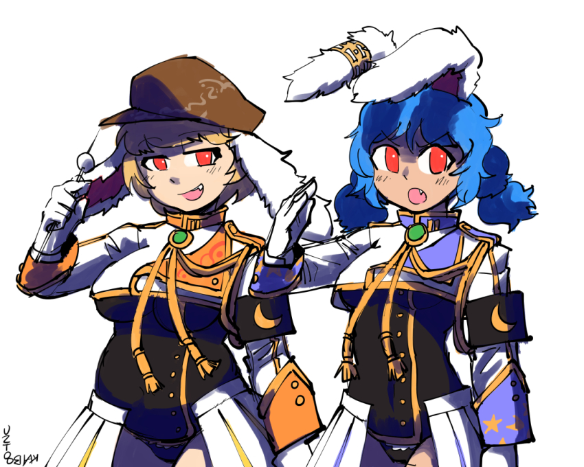 2girls animal_ears black_panties blonde_hair blue_hair chiester_sisters chiester_sisters_(cosplay) commentary cosplay cowboy_shot crescent_print dango earclip english_commentary fang fluffy food holding holding_food kaibootsu long_sleeves low_twintails multiple_girls open_mouth panties rabbit_ears red_eyes ringo_(touhou) salute seiran_(touhou) short_hair showgirl_skirt signature simple_background skirt smile standing touhou twintails umineko_no_naku_koro_ni underwear wagashi white_background white_skirt