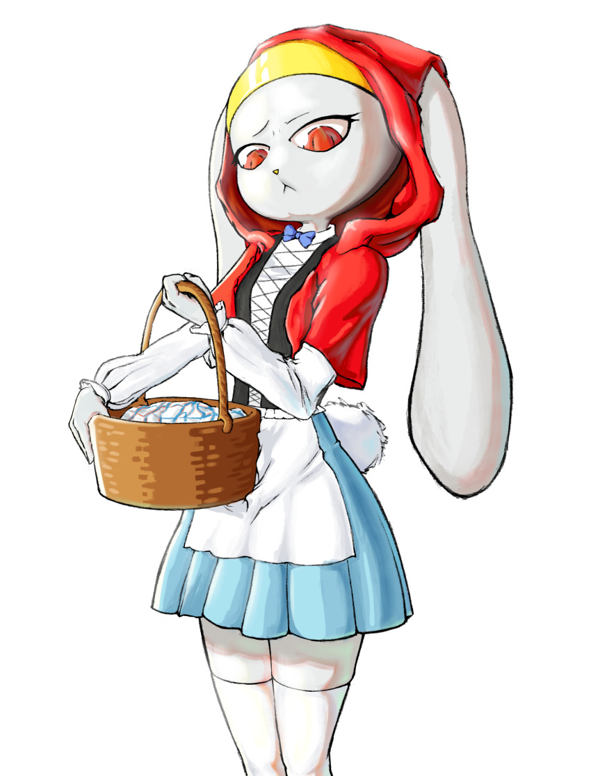 1girl :&lt; absurdres animal_nose apron basket black_shirt blue_bow blue_bowtie blue_skirt body_fur bow bowtie closed_mouth clothed_pokemon cosplay cropped_jacket ears_through_headwear female_focus flat_chest furry furry_female gen_8_pokemon grey_fur hand_up highres holding holding_basket hood hood_up hooded_jacket jacket legs_together little_red_riding_hood little_red_riding_hood_(grimm) little_red_riding_hood_(grimm)_(cosplay) long_ears long_sleeves looking_at_viewer miniskirt nintendo noconcession open_clothes open_jacket pleated_skirt pokemon pokemon_(creature) rabbit_ears rabbit_girl raboot raglan_sleeves raised_eyebrow red_eyes red_jacket shirt shirt_tucked_in simple_background skirt solo thighhighs traditional_bowtie waist_apron white_apron white_background white_sleeves white_thighhighs zettai_ryouiki
