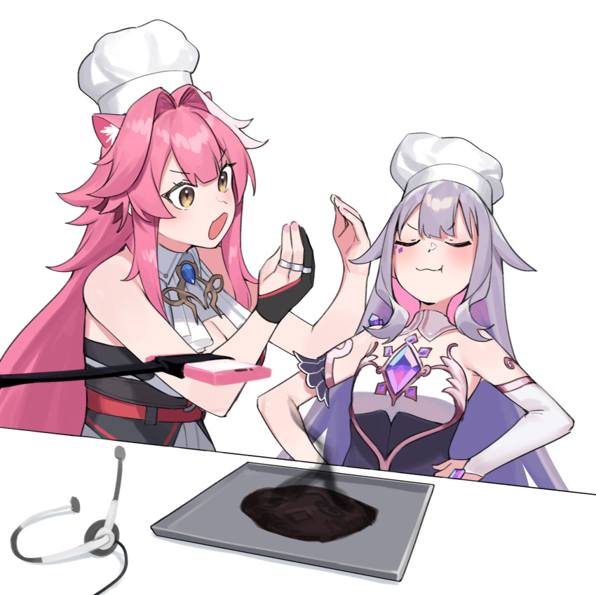 2girls animal_ear_fluff animal_ears blush breasts cleavage closed_eyes dasdokter dress grey_hair highres hololive hololive_english jewel_under_eye koseki_bijou long_hair multicolored_hair multiple_girls open_mouth panther_ears panther_girl pink_hair raora_panthera raora_panthera_(1st_costume) smile streaked_hair tail virtual_youtuber white_hair yellow_eyes
