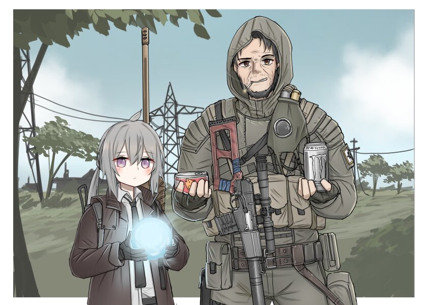 1boy 1girl absurdres ammunition_pouch antenna_hair armor belt black_hair blush border canned_tuna cigarette collared_shirt fingerless_gloves forest frown gas_mask girls&#039;_frontline gloves glowing gun highres hood looking_at_viewer m200_(girls&#039;_frontline) mask monster_energy nature necktie orange_eyes patch pouch power_lines purple_eyes rifle ruins shirt smile smoking sniper_rifle srtdrawart stalker_(game) vss_vintorez weapon white_border white_hair white_shirt