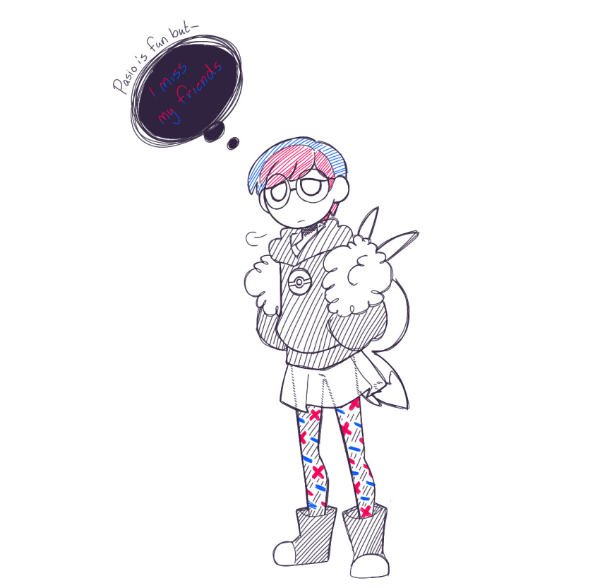1girl blue_hair boots closed_mouth commentary eevee_backpack english_commentary english_text full_body glasses hatching_(texture) hood hood_down hoodie lmg_artistocat multicolored_hair nintendo pantyhose penny_(pokemon) poke_ball_print pokemon pokemon_sv print_pantyhose red_hair round_eyewear see-through_clothes see-through_skirt short_hair simple_background skirt solo speech_bubble spot_color standing thought_bubble two-tone_hair very_short_hair white_background