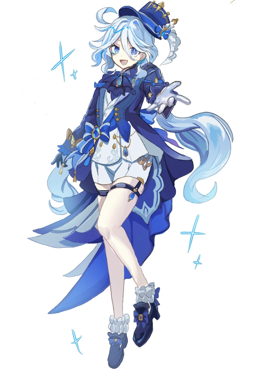 1girl :d ascot asymmetrical_gloves bare_legs blue_ascot blue_eyes blue_gloves blue_hair blue_hat blue_jacket brooch cowlick full_body furina_(genshin_impact) genshin_impact gloves hat high_heels highres jacket jewelry long_hair long_sleeves looking_at_viewer mismatched_gloves nadaumi open_mouth shirt short_shorts shorts simple_background smile socks solo thigh_strap top_hat very_long_hair white_background white_gloves white_shirt white_shorts white_socks