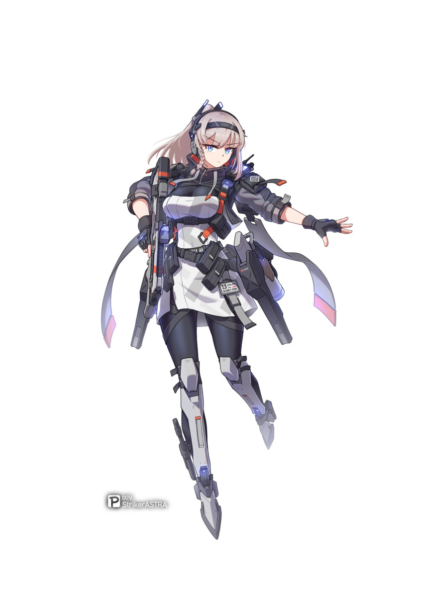 1girl absurdres ar-15 artist_name assault_rifle black_gloves blonde_hair blue_eyes breasts fingerless_gloves full_body gloves gun hairband highres holding holding_gun holding_weapon holstered long_hair looking_at_viewer mecha_musume mechanical_legs medium_breasts original ponytail rifle science_fiction sherman_(egnk2525) solo suppressor tachi-e trigger_discipline weapon white_background