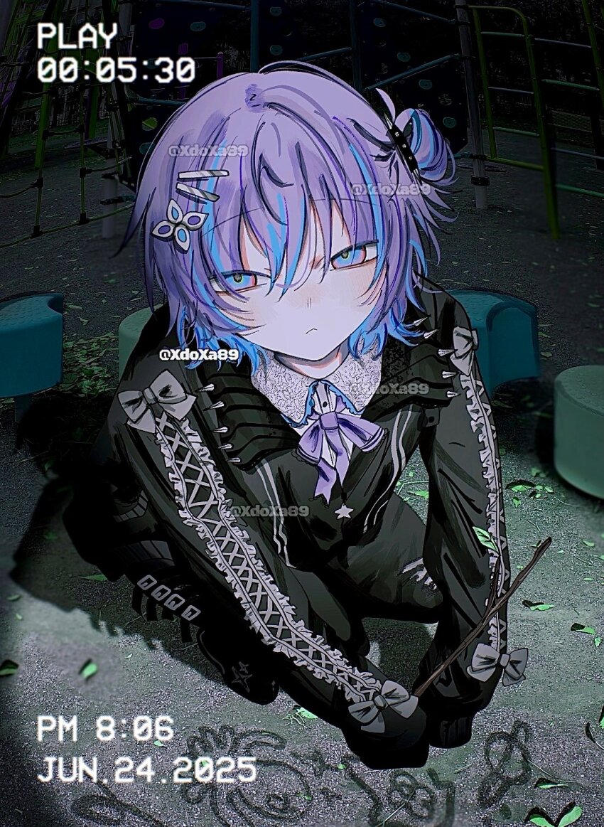 1boy alternate_costume artist_name black_jacket black_pants bow closed_mouth commentary dated full_body grey_bow hair_between_eyes hair_ornament hairclip highres holding holding_stick hoshirube_sho jacket long_sleeves looking_at_viewer male_focus medium_hair multicolored_hair nijisanji one_side_up pants purple_bow purple_hair solo squatting stick streaked_hair symbol-only_commentary virtual_youtuber xdoxa89