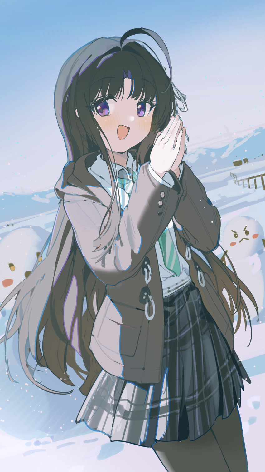 1girl absurdres awa_subaru black_hair black_pantyhose brown_jacket coat collared_shirt coria girls_band_cry green_necktie hands_up highres jacket long_hair looking_at_viewer necktie open_clothes open_jacket open_mouth outdoors pantyhose purple_eyes shirt skirt sky smile snowman solo standing white_shirt winter_clothes winter_coat