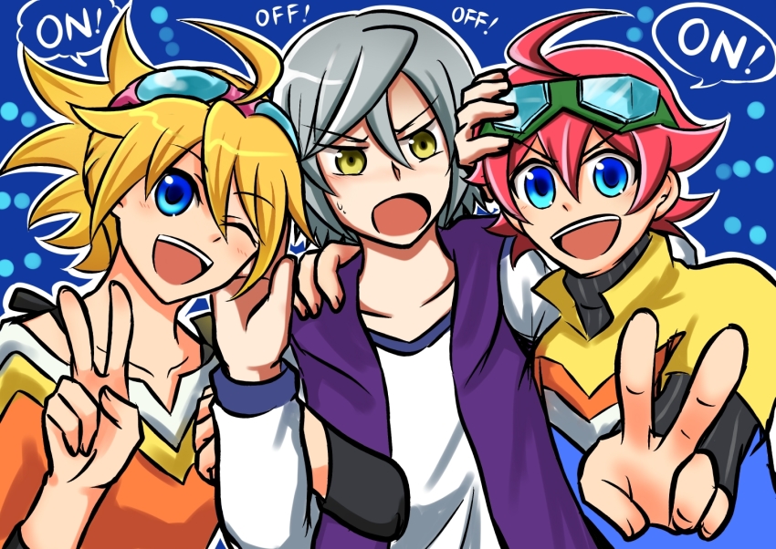 1girl 2boys artist_request blonde_hair blue_eyes digimon digimon_universe:_appli_monsters grey_hair itsuki_(digimon) kazuki_(digimon) multiple_boys naoto_(digimon) red_hair v yellow_eyes