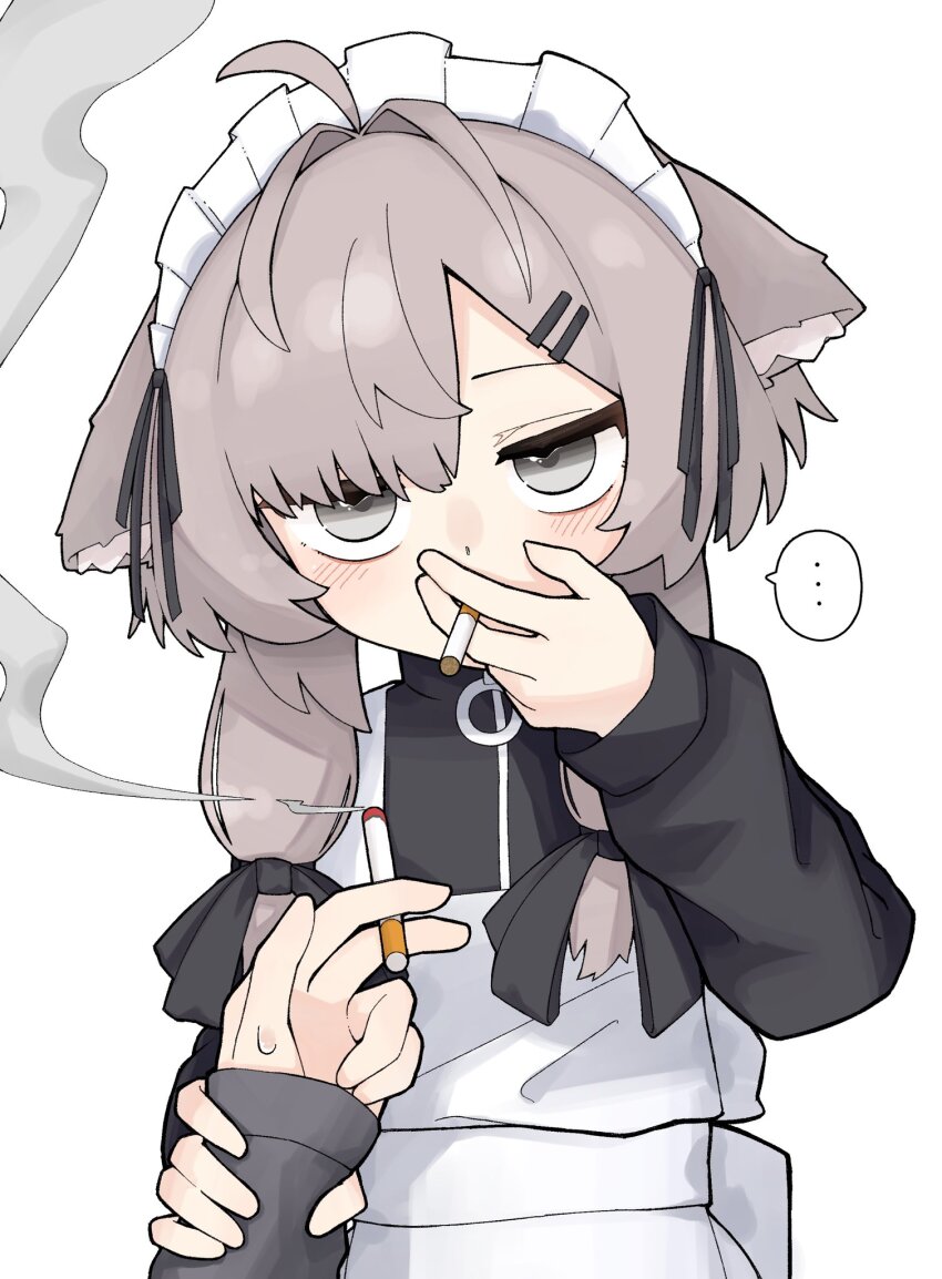... 1boy 1girl 1other ahoge alternate_costume animal_ear_fluff animal_ears antenna_hair apron between_fingers black_bow black_jacket black_ribbon black_shirt blush bow brown_hair cigarette covered_mouth covering_own_mouth ears_down enmaided frilled_apron frills grey_eyes grey_hair hair_bow hair_intakes hair_ornament hair_over_one_eye hair_over_shoulder hair_ribbon hairclip hand_up highres holding holding_another&#039;s_wrist holding_cigarette jacket jitome long_hair long_sleeves looking_at_viewer mafuyu_(vrchat) maid maid_apron maid_headdress oekakimuzui_vrc out_of_frame pov pov_hands puffy_long_sleeves puffy_sleeves ribbon sanpaku shirt short_hair_with_long_locks sidelocks simple_background sleeves_past_wrists smoke smoke_trail smoking solo_focus speech_bubble spoken_ellipsis sweat sweatdrop sweater track_jacket turtleneck turtleneck_jacket unconventional_maid upper_body vrchat white_apron white_background wolf_ears wolf_girl zipper zipper_pull_tab