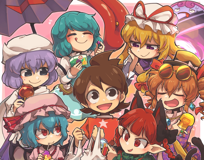 1boy 6+girls amano_keita animal_ears blue_hair bracelet brown_hair cat_ears cat_girl commission drinking eyewear_on_head hat highres jewelry jiima_tarou kaenbyou_rin letty_whiterock mob_cap multiple_girls open_mouth pixiv_commission pointy_ears purple_eyes purple_hair red_eyes red_hair red_shirt remilia_scarlet shirt smile tatara_kogasa touhou umbrella yakumo_yukari yorigami_jo&#039;on youkai_watch