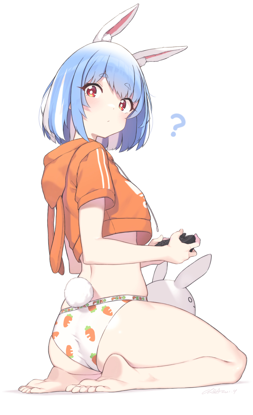 1girl ? absurdres alternate_hairstyle animal_ear_fluff animal_ears animal_hood ass bare_legs barefoot blue_hair blush breasts cloba commentary controller cropped_jacket drawstring feet food_print from_side highres hololive hood hood_down hoodie looking_at_viewer looking_back medium_breasts multicolored_hair no_pants orange_eyes panties print_panties rabbit_ears rabbit_girl rabbit_tail seiza short_eyebrows short_hair short_sleeves sitting skindentation soles solo stuffed_toy symbol-only_commentary tail thick_eyebrows thighs two-tone_hair underwear usada_pekora virtual_youtuber