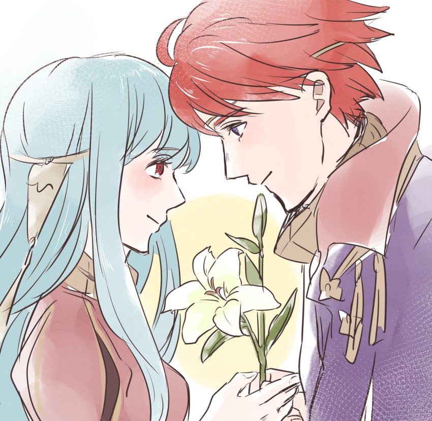 1boy 1girl bare_shoulders blue_eyes blue_hair cape couple dress eliwood_(fire_emblem) fire_emblem fire_emblem:_the_blazing_blade fire_emblem_heroes flower hair_ornament highres hoshigaki_(hsa16g) long_hair ninian_(fire_emblem) nintendo red_eyes red_hair short_hair smile