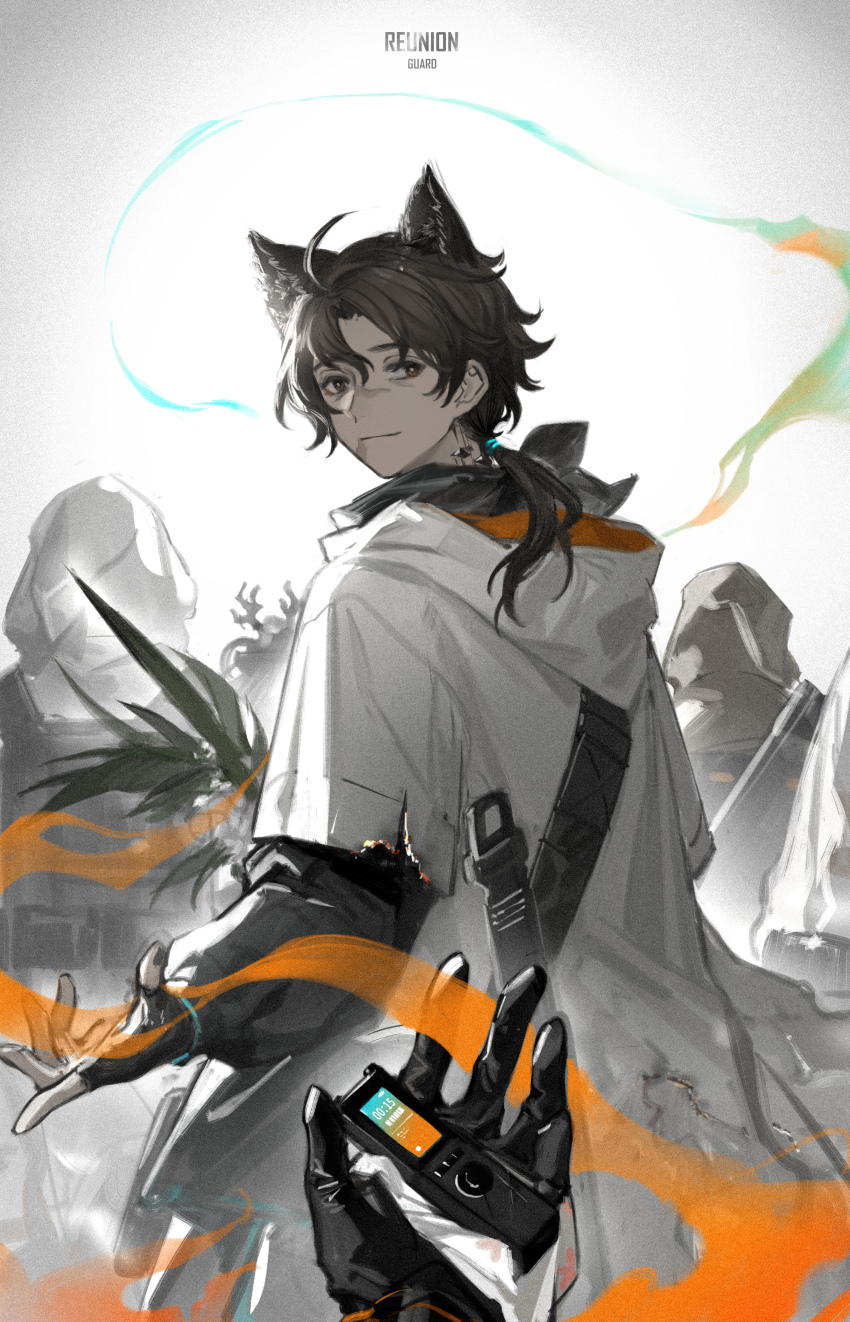absurdres animal_ears arknights black_gloves black_hoodie brown_hair fingerless_gloves five-fall flute gloves guard_(arknights) highres hood hoodie horns infection_monitor_(arknights) instrument looking_at_viewer patriot_(arknights) ponytail recorder short_hair smile white_hoodie