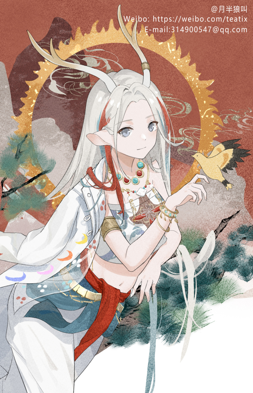 1girl a_deer_of_nine_colors absurdres antler_ring antlers arknights armlet artist_name blue_eyes blue_hair bracelet closed_mouth cowboy_shot crop_top email_address forehead highres horns jacket jacket_on_shoulders jewelry long_hair looking_at_viewer multicolored_hair navel necklace nine-colored_deer open_clothes open_jacket pants red_hair silver_hair smile solo teatix very_long_hair watermark web_address white_jacket white_pants