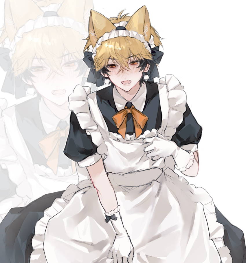 1boy alternate_costume animal_ears apron black_bow black_dress black_hair blonde_hair blush bow bowtie chinese_commentary clothes_grab crossdressing dress earrings enmaided fang fox_boy fox_ears frilled_apron frilled_gloves frills gloves hair_between_eyes hair_bow highres jewelry kemonomimi_mode laipingpijiuma looking_at_viewer maid maid_apron maid_headdress male_focus multicolored_hair open_mouth orange_bow orange_bowtie orange_eyes puffy_sleeves ribbon shiguang_dailiren short_hair short_sleeves simple_background skin_fang solo trap two-tone_hair white_apron white_background white_gloves xia_fei zoom_layer