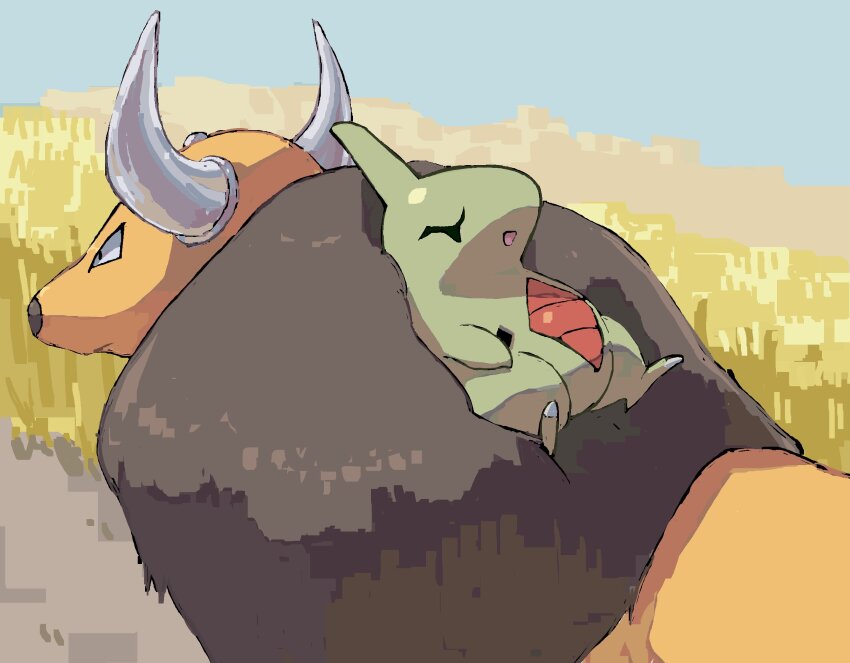 bishamon_(usagi_ba) brown_fur closed_eyes closed_mouth colored_skin commentary game_freak gen_1_pokemon gen_2_pokemon green_skin highres horns larvitar looking_ahead lying lying_on_another nintendo no_humans on_back open_mouth pokemon pokemon_(creature) sleeping symbol-only_commentary tauros