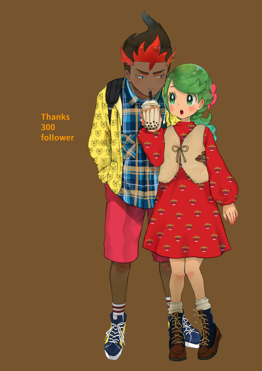 1boy 1girl absurdres alolan_form alolan_marowak alternate_costume alternate_hairstyle bounsweet brown_background bubble_tea character_print cross-laced_footwear dark-skinned_male dark_skin drinking full_body game_freak gen_7_pokemon green_eyes green_hair highres kiawe_(pokemon) mallow_(pokemon) multicolored_hair nintendo open_mouth pokemon pokemon_sm red_hair simple_background two-tone_hair yamashita_momiyo