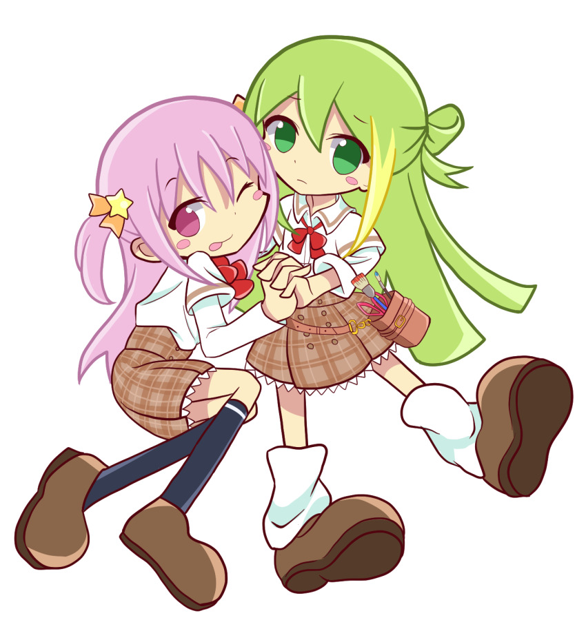 2girls alina_gray belt_pouch blonde_hair blue_socks blunt_ends blush bow bowtie brown_footwear brown_skirt cleaning_rag closed_mouth green_eyes green_hair hair_between_eyes hair_ornament hair_ribbon hair_rings highres holding_hands kneehighs layered_sleeves long_hair long_sleeves loose_bowtie loose_socks magia_record:_mahou_shoujo_madoka_magica_gaiden mahou_shoujo_madoka_magica medium_hair misono_karin multicolored_hair multiple_girls one_eye_closed orange_ribbon paint_stains parody parted_bangs plaid_clothes plaid_skirt pouch purple_hair puyopuyo red_bow red_bowtie ribbon sakae_general_school_uniform school_uniform shirt shoes short_over_long_sleeves short_sleeves sidelocks simple_background single_hair_ring skirt sleeve_cuffs sleeves_rolled_up smile socks star_(symbol) star_hair_ornament straight_hair streaked_hair style_parody two_side_up white_background white_shirt white_socks wing_collar yuunamida_uyu
