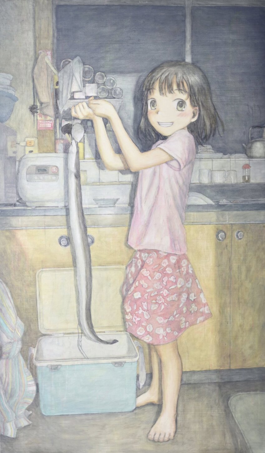 1girl barefoot black_hair blush cooler eel emikuraya full_body grey_eyes highres indoors kitchen looking_at_viewer oil_painting_(medium) original painting_(medium) shirt skirt slice_of_life smile solo traditional_media