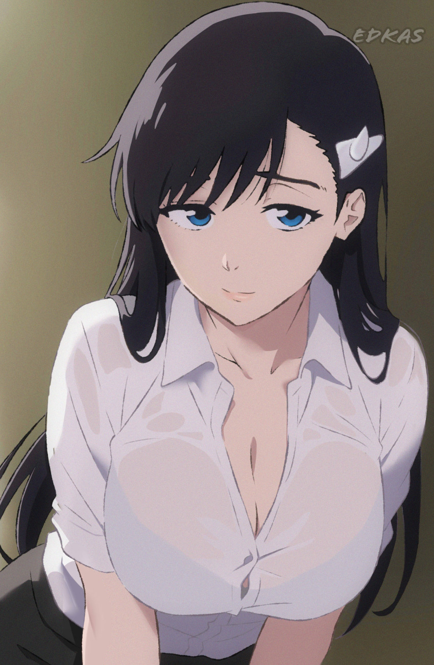 black_hair blue_eyes breasts burn_the_witch colored_skin hair_ornament highres large_breasts niihashi_noel office_lady self-upload shirt translucent white_shirt white_skin