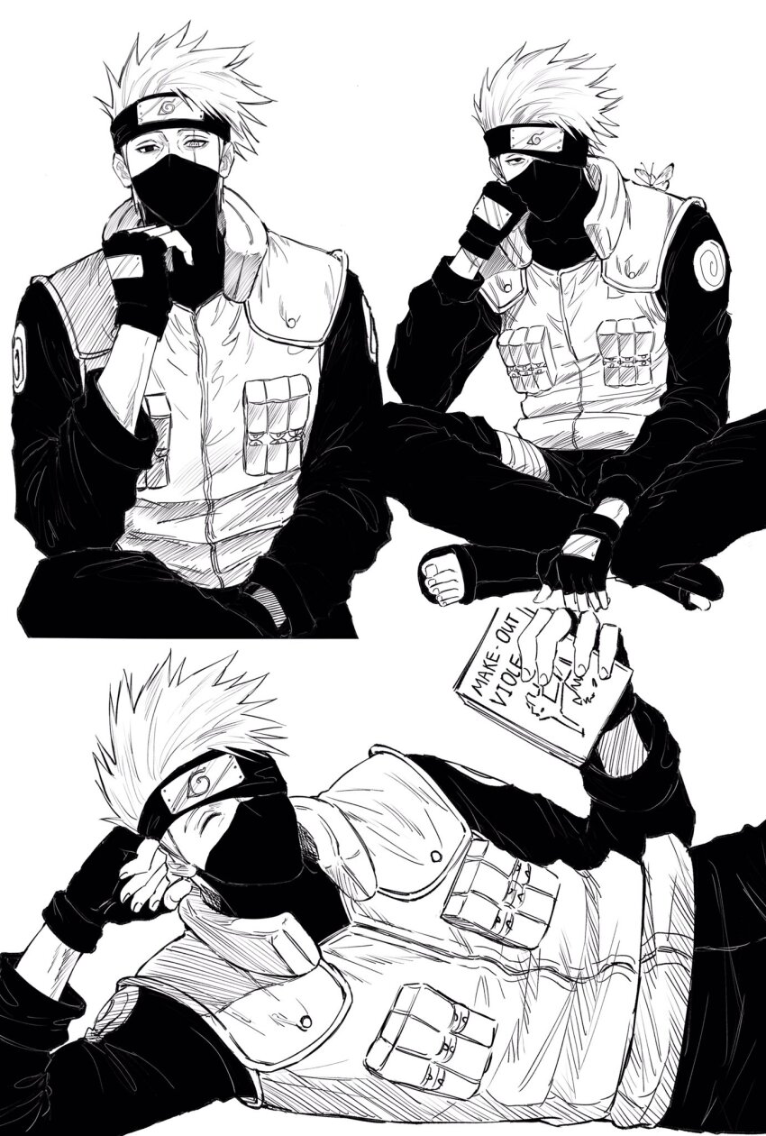 1boy book bug butterfly fingerless_gloves gloves greyscale hatake_kakashi headband heterochromia highres insect male_focus mask monochrome mouth_mask naruto_(series) ninja_mask sandals scar scar_across_eye scar_on_face sitting sso_s toes vest