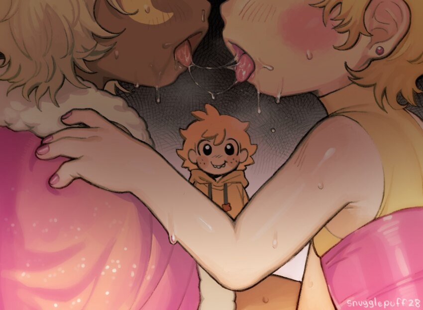 after_kiss blonde_hair blush blush_(makeup) dandy&#039;s_world dark_skin earrings fingernails freckles glisten_(dandy&#039;s_world) goob_(dandy&#039;s_world) highres jewelry saliva saliva_trail shota smile snugglepuff28 sweat tongue tongue_out