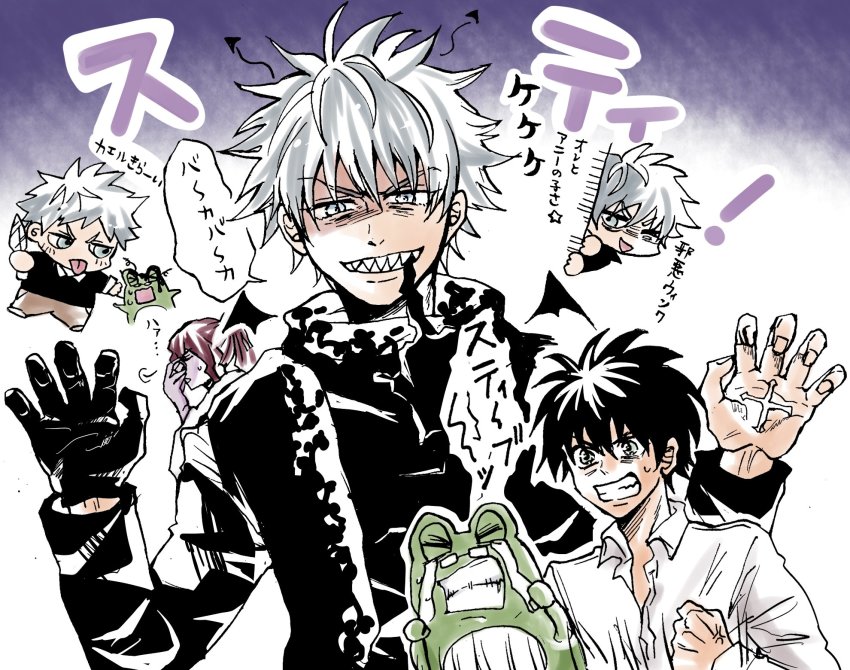 3boys anger_vein black_hair black_jacket blue_eyes clenched_teeth colored_skin coro_(leocorok) darren_shan facepalm frog gannen_harst gloves highres jacket long_hair multiple_boys ponytail purple_skin red_hair scar scarf school_uniform short_hair smile steve_leonard sweater teeth the_saga_of_darren_shan translation_request white_hair aged_down