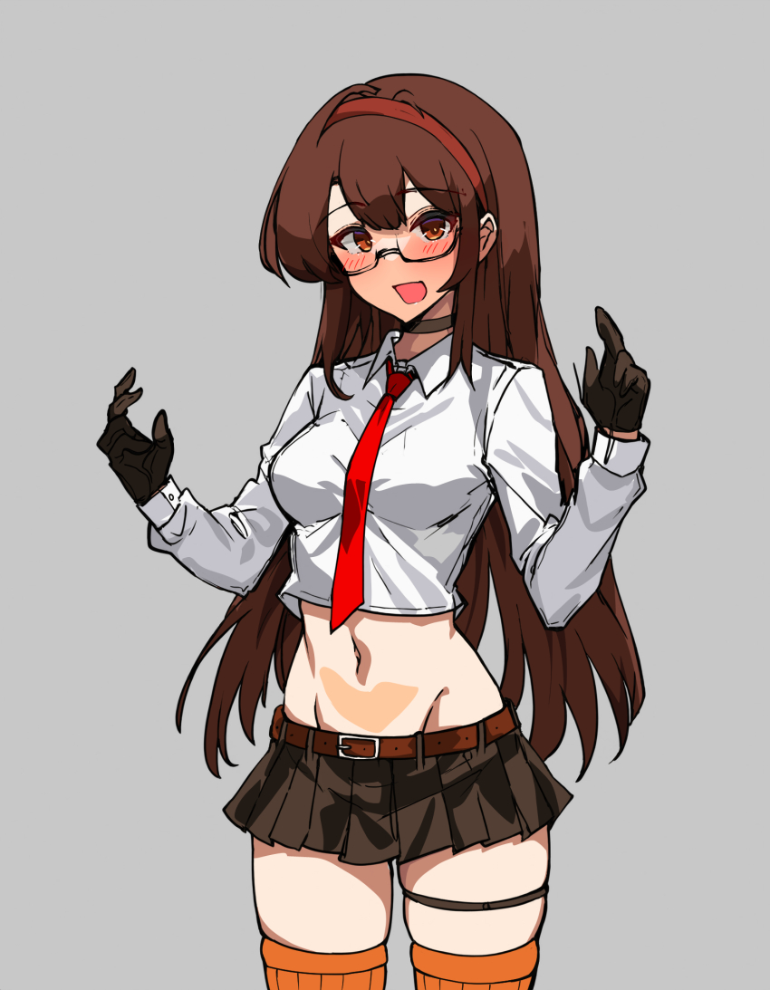 1girl bakasp-lilzy belt belt_buckle black_choker black_gloves black_skirt blush breasts brown_eyes brown_hair buckle center-flap_bangs choker commentary cowboy_shot crop_top cropped_shirt double-parted_bangs english_commentary glasses gloves grey_background groin hairband hands_up highres long_hair long_sleeves looking_at_viewer medium_breasts microskirt midriff navel necktie open_mouth orange_thighhighs original pleated_skirt red_belt red_hairband red_necktie ribbed_thighhighs school_uniform shirt simple_background skirt smile solo standing straight-on thigh_strap thighhighs very_long_hair white_shirt zettai_ryouiki