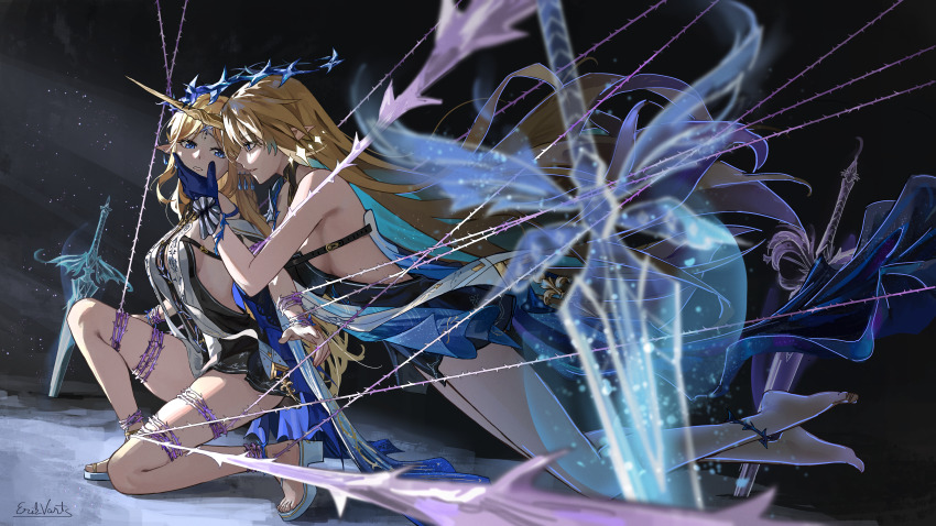2girls absurdres bare_shoulders barefoot black_dress blonde_hair blue_eyes blue_hair breasts cartethyia_(wuthering_waves) colored_inner_hair commentary crown_of_thorns dress dual_persona earrings english_commentary erikvarts fleurdelys_(wuthering_waves) from_side full_body hand_on_another&#039;s_face highres jewelry large_breasts long_hair looking_at_another medium_breasts multicolored_hair multiple_girls parted_lips planted planted_sword planted_weapon pointy_ears restrained sandals sword tabard tacet_mark_(wuthering_waves) thighs very_long_hair weapon white_sandals white_tabard wuthering_waves