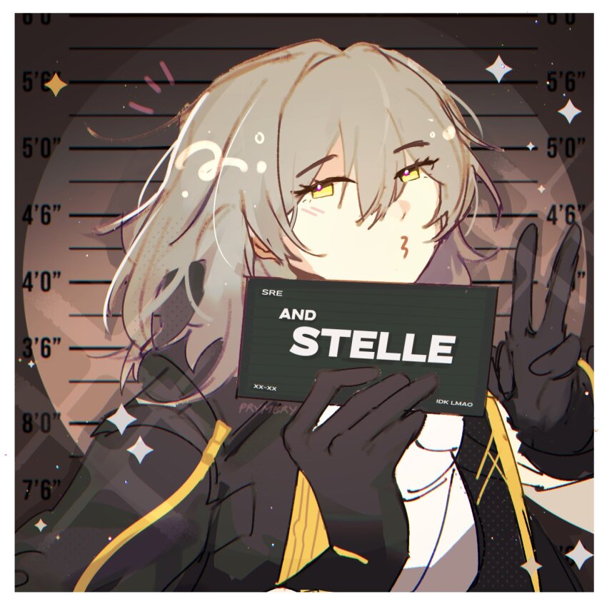 1girl artist_name barbie_(franchise) barbie_(live_action) barbie_mugshot_(meme) black_gloves black_jacket blush border character_name closed_mouth commentary english_commentary gloves grey_hair hair_between_eyes hands_up highres holding holding_sign honkai:_star_rail honkai_(series) jacket lapels long_hair long_sleeves looking_at_viewer meme mugshot notice_lines open_clothes open_jacket prymery shadow shirt sign solo sparkle standing stelle_(honkai:_star_rail) t-shirt trailblazer_(honkai:_star_rail) upper_body white_border white_shirt yellow_eyes