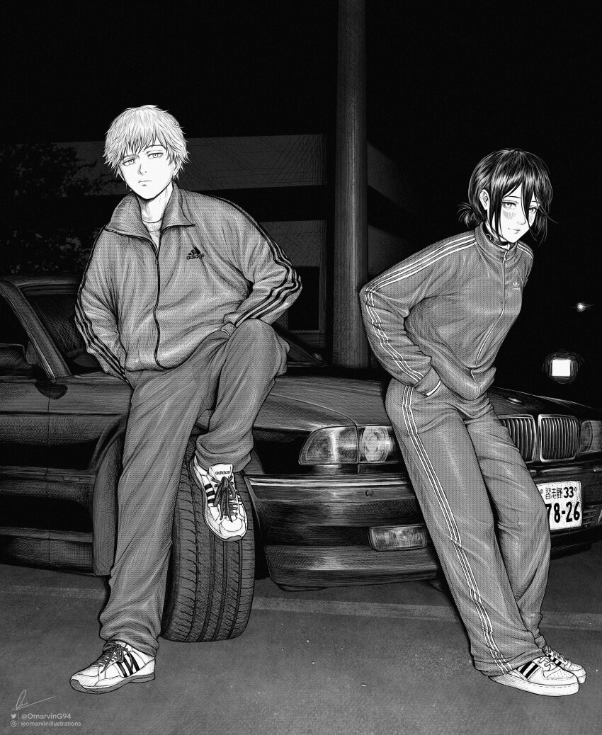 1boy 1girl absurdres black_choker black_hair car chainsaw_man choker denji_(chainsaw_man) greyscale hair_between_eyes highres instagram_logo instagram_username license_plate long_sleeves looking_at_viewer marvin_(omarvin) monochrome motor_vehicle night night_sky on_car outdoors reze_(chainsaw_man) shoes short_hair signature sky sneakers twitter_logo twitter_username white_shoes