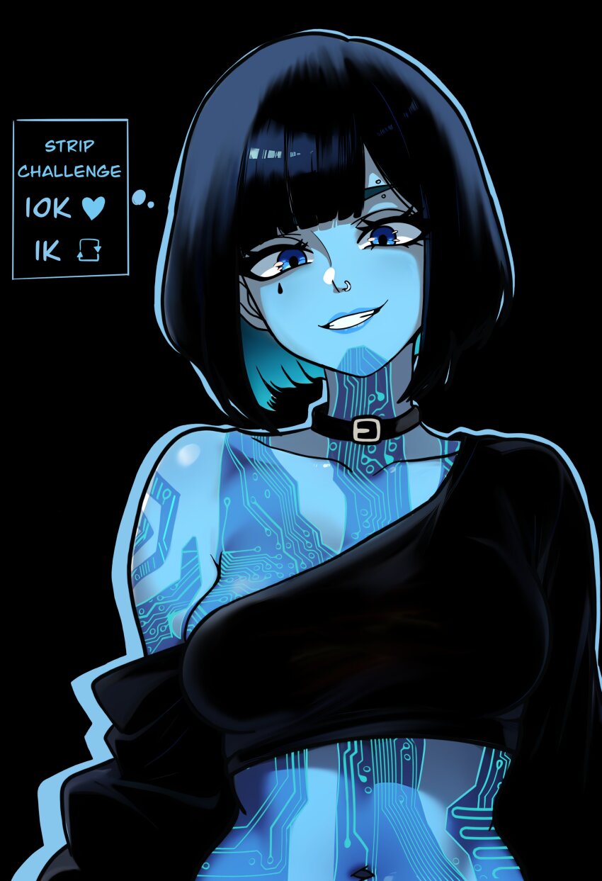1girl absurdres black_background black_collar black_hair black_shirt blue_eyes blue_hair blue_lips blue_skin collar collarbone colored_inner_hair colored_skin cortana cropped_shirt eyebrow_piercing face_piercing halo_(series) highres like_and_retweet looking_at_viewer midriff multicolored_hair navel nose_piercing nose_ring parted_lips piercing redpostit shirt short_hair simple_background single_off_shoulder smile solo twitter_strip_game upper_body